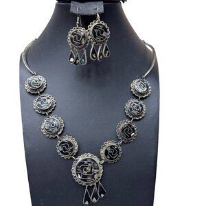 Vintage Mexican Alpaca Necklace Earrings Set Black Onyx Abalone Chandelier READ